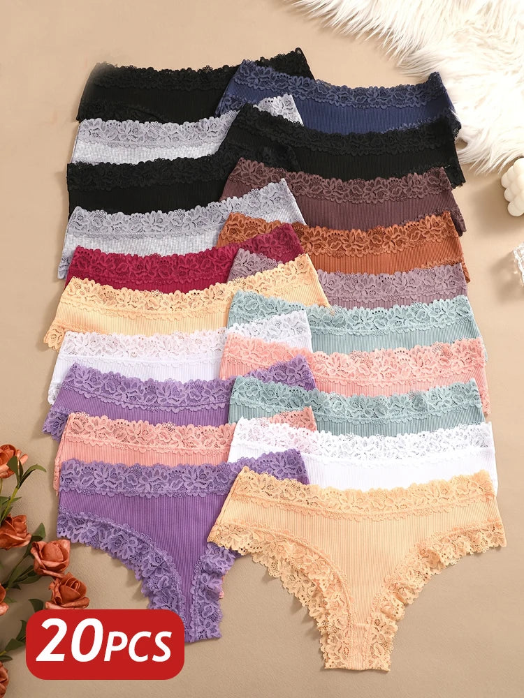 20PCS Women Cotton Brazilian Panties Seamless Lace Thongs Low Rise Female Underwear Comfortable Sexy Lingerie Intimates Panties